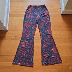 Zara, Floral Bell Bottom Stretchy Pants, Teal Russet, EUC, Women's S